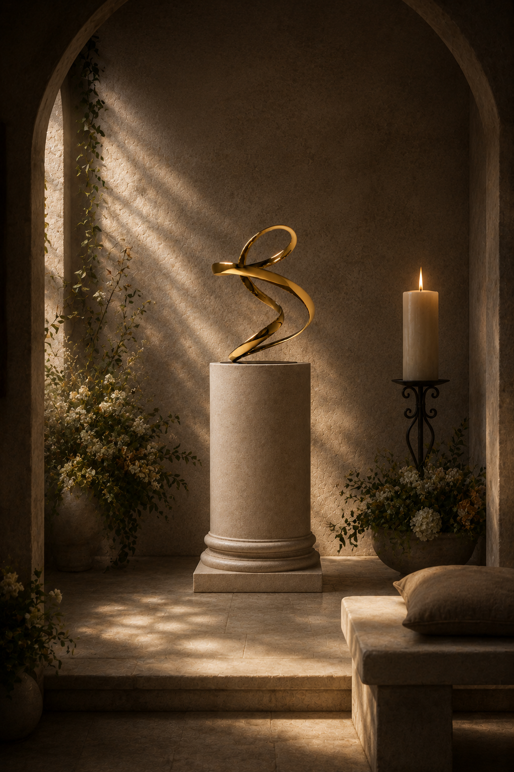 Golden Wonder sculpture in a contemplative arched space