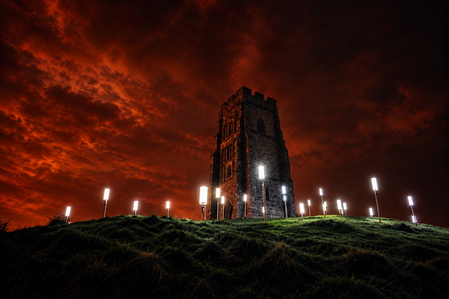 Firewinder illuminating Glastonbury Tor