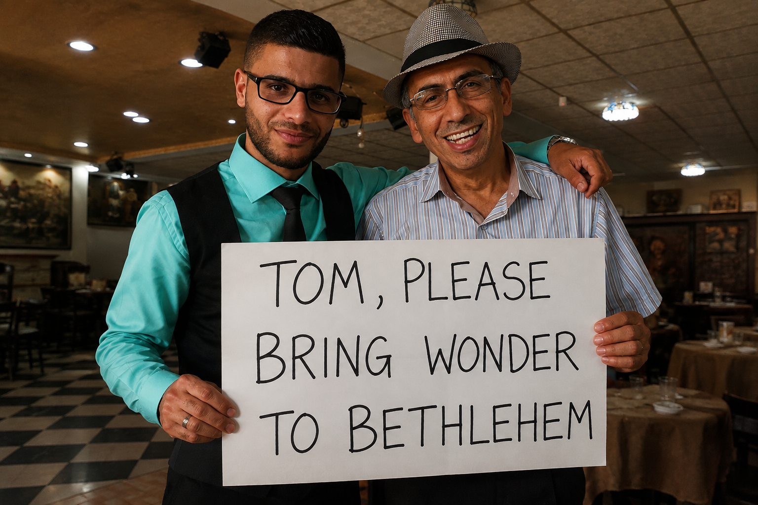 Professor Mazin Qumsiyeh and colleague holding a handwritten invitation