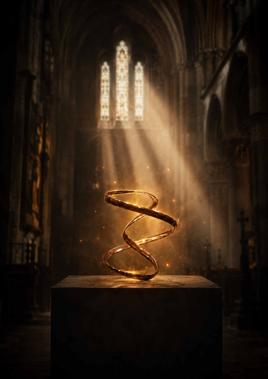 Wonder illuminated by a shaft of light in a cathedral interior